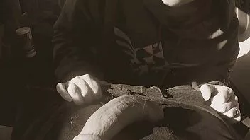 play Nerd wipes cum on him after she sucks his cock